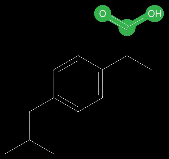 Ibuprofen drawn by DeepC with its carboxylic acid highlighted in green