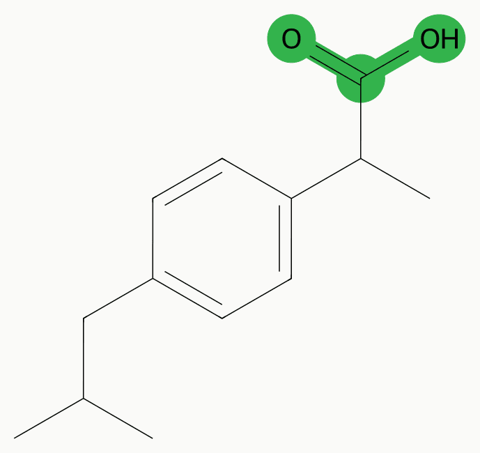 Ibuprofen drawn by DeepC with its carboxylic acid highlighted in green